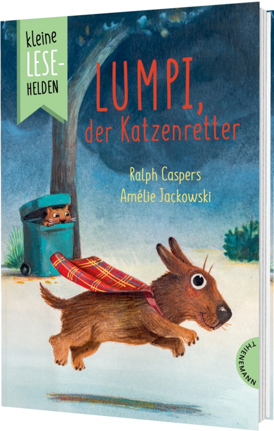 Das Buchcover zeigt einen braunen Hund mit rotkariertem Halstuch vor blauem Himmel und eine getigerte Katze, die aus einer grünen Mülltonne lugt.