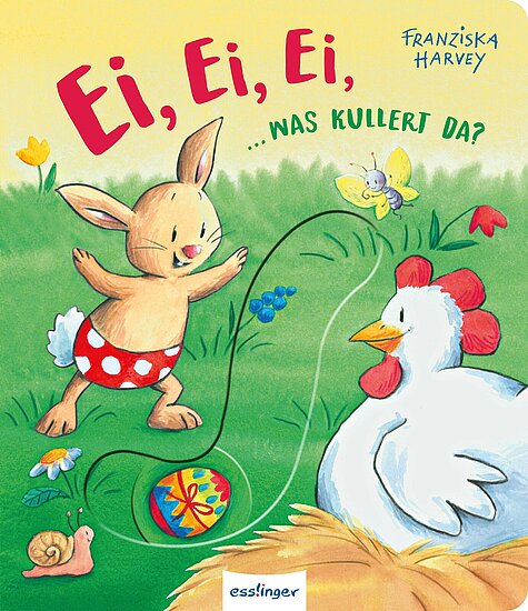 Das Buchcover zeigt einen fröhlichen Hasen mit großen Ohren in einer roten Badehose mit Punkten, der neben einer Henne steht. Im Hintergrund sind bunte Blumen und ein Osterei sichtbar.