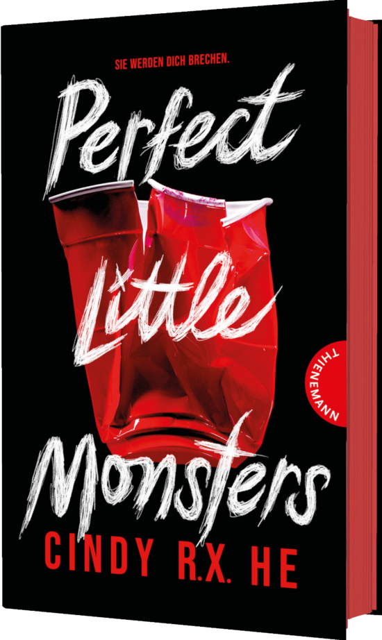 Das Buchcover zeigt eine rote Plastiktüte, die leicht zerknittert und halb geöffnet ist, mit dem Titel „Perfect Little Monsters“ in weißer Schrift. Der Hintergrund ist schwarz und sorgt für einen starken Kontrast.