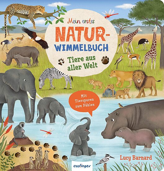 Das Buchcover zeigt eine farbenfrohe Tierlandschaft mit Elefanten, Löwen und Giraffen in einem Wasserloch, umgeben von Bäumen und Vögeln. Der Titel „Natur-Wimmelbuch“ ist prominent in bunten Buchstaben platziert.