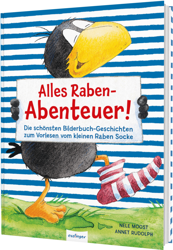 Das Buchcover zeigt einen fröhlichen schwarzen Raben mit einem gelben Schnabel, der auf einer bunten Socke steht. Im Hintergrund sind blaue und weiße Streifen zu sehen, während der Titel „Alles Raben-Abenteuer!“ in auffälliger roter Schrift hervorsticht.