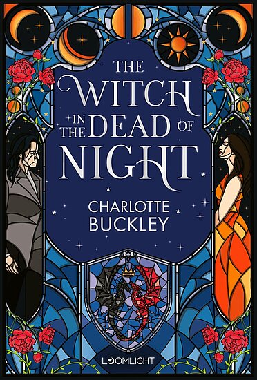 Das Buchcover zeigt links einen Mann in Grau, rechts eine Frau in Orange vor blauem Himmel mit Mond, roten Rosen und Drachen in Schwarz und Rot.