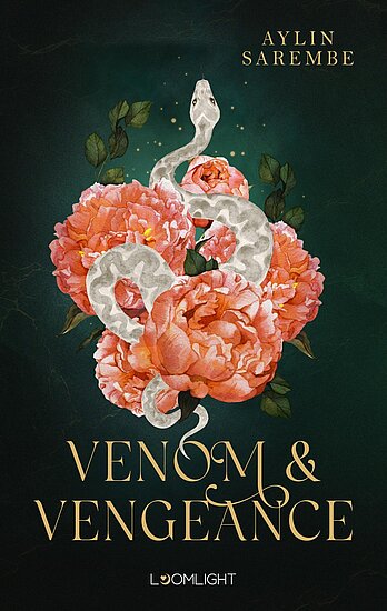 Das Buchcover zeigt eine künstlerische Komposition aus üppigen, rosa Pfingstrosen und einer weißen Schlange, die sich elegant schlängelt. Der Hintergrund ist in einem tiefen Grün gehalten, wodurch die Farben lebhaft zur Geltung kommen.