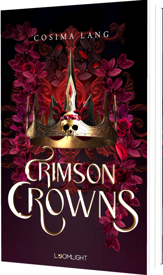 Das Buchcover zeigt eine goldene Krone mit einem Schädel und roten Rosen vor einem dunklen Hintergrund, umrahmt von lila Blüten. Der Titel „Crimson Crowns“ ist in elegantem, weißem Schriftzug platziert.