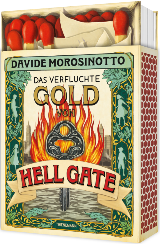 Das Buchcover zeigt eine brennende Schlüsselblume in der Mitte, umrahmt von grünen Ranken. Oben steht der Titel „Das verfluchte Gold von Hell Gate“ in kräftigen Farben.