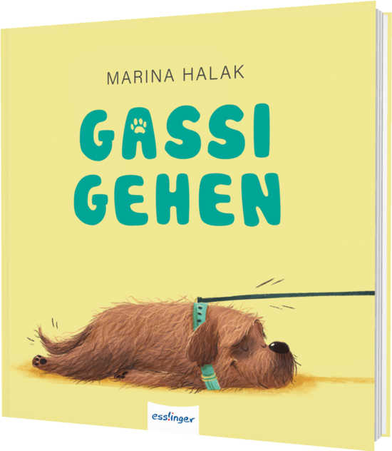 Das Buchcover zeigt einen braunen, flauschigen Hund, der sich müde auf den Boden legt. Der Titel „Gassi gehen“ ist in großen, blauen Buchstaben auf gelbem Hintergrund platziert.