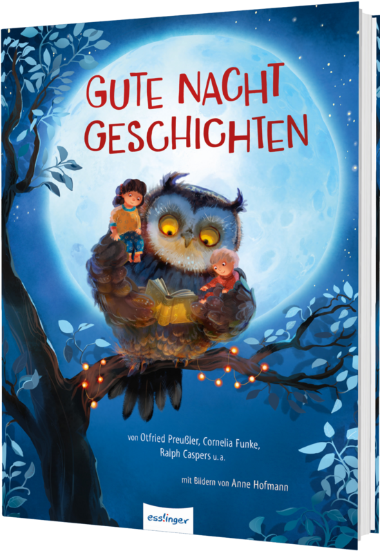Das Buchcover zeigt eine große, weise Eule, die in einem Nachtbaum sitzt und zwei Kindern eine Geschichte vorliest. Der Hintergrund ist durch einen großen, leuchtenden Mond und funkelnde Sterne geprägt.