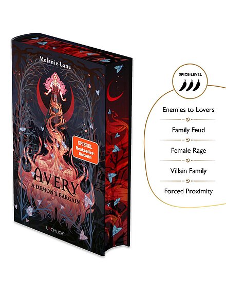 Das Buchcover zeigt eine junge Frau mit langem flammend rotem Haar, das in Rauch und Ranken übergeht, vor rotem Halbmond und dunklem Hintergrund.