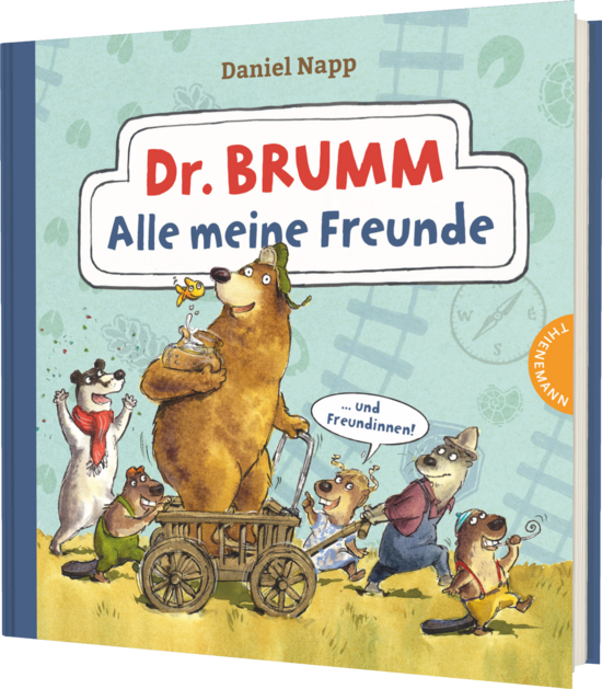 Das Buchcover zeigt einen fröhlichen Bären, der auf einem Wagen steht und eine Ziege mit einer Trompete spielt. Rund um ihn stehen verschiedene tierische Freunde in bunten Kleidern.