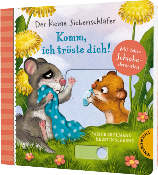 Das Buchcover zeigt einen kleinen Siebenschläfer mit einem blauen Tuch und einen orangefarbenen Maulwurf, der ein Fläschchen hält. Das Design umfasst gelbe Löwenzahnblüten und eine fröhliche, bunte Farbgebung.