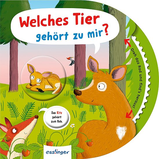 Das Buchcover zeigt einen bunten Wald mit einem Reh und einem Fuchs. Ein Kitz ist in einer Sprechblase abgebildet, begleitet von der Frage „Welches Tier gehört zu mir?“.