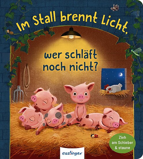 Das Buchcover zeigt einen beleuchteten Stall mit fünf schlafenden Ferkeln auf Stroh. Ein Ferkel schaut neugierig in die Kamera, während eine hen im Fenster sichtbar ist.