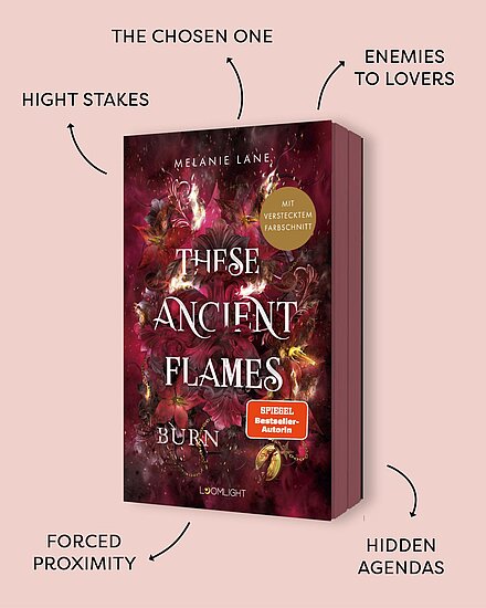 Das Buchcover zeigt eine dunkelrote, mystische Szenerie mit leuchtenden Blüten und Flammen. Der Titel „These Ancient Flames“ steht in großen, weißen Buchstaben im Vordergrund.