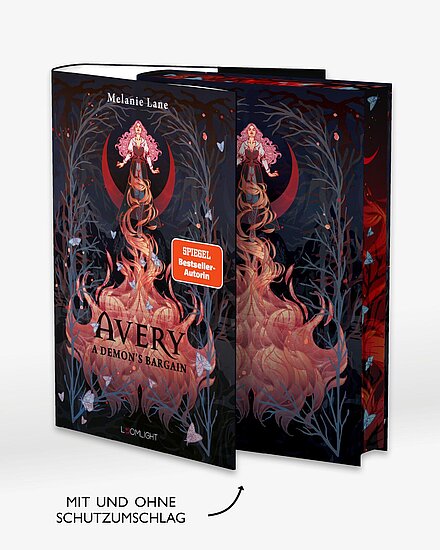 Das Buchcover zeigt ... eine Frau mit langem flammendem rosaorange Haar vor rotem Halbmond, dunklem Wald und Schmetterlingen.