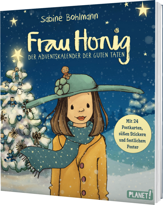 Das Buchcover zeigt eine fröhliche Frau mit braunen Haaren und einer blauen Mütze, die einen großen, blauen Hut trägt. Im Hintergrund steht ein geschmückter Weihnachtsbaum vor einem sternenübersäten, blauen Himmel.