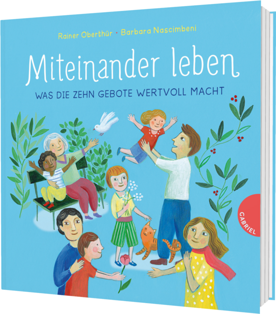 Das Buchcover zeigt … Kinder und Erwachsene auf hellblauem Grund, spielend zwischen grünen Pflanzen, einer weißen Taube und einer orangen Katze.