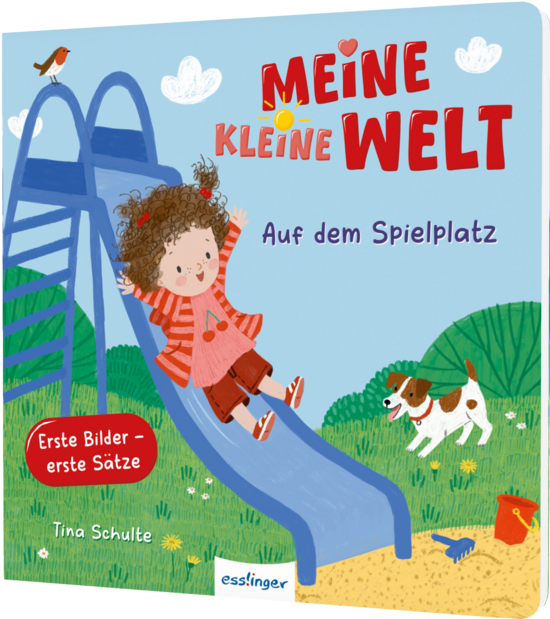 Das Buchcover zeigt ein kindliches Mädchen mit lockigem, braunem Haar, das auf einer blauen Rutsche sitzt. Im Hintergrund sind ein Hund und grüne Wiesen zu sehen, während der Titel in bunten Buchstaben hervorsticht.