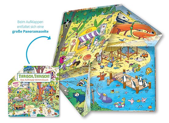 Das Buchcover zeigt … eine aufgeklappte Panoramaillustration mit bunten Tieren am Strand und in einem grünen Park, blaues Wasser, gelber Sand.