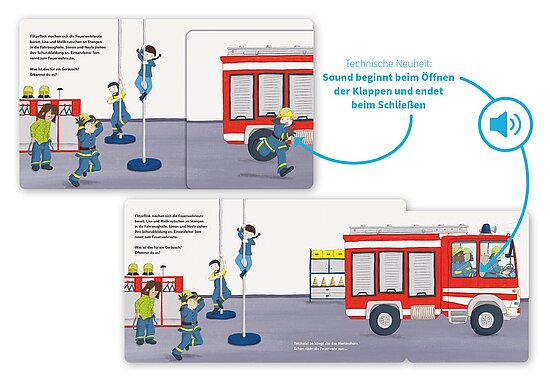 Das Buchcover zeigt Kinder in Feuerwehruniformen an einer Feuerwehrstange und ein rotes Feuerwehrauto vor hellem Hintergrund.