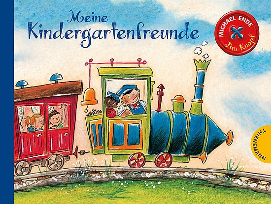 Das Buchcover zeigt eine bunte Lokomotive, die auf Schienen fährt, mit fröhlichen Kindern in einem roten Waggon. Der Himmel ist hellblau und die Landschaft ist kindlich gezeichnet.