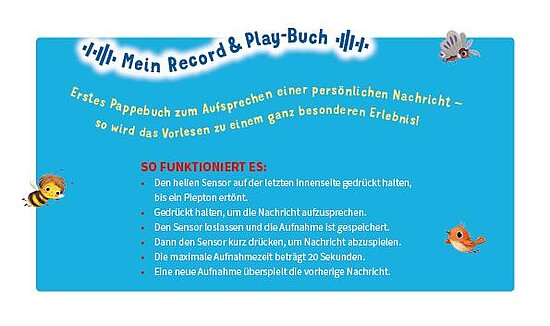 Das Buchcover zeigt einen tuerkisblauen Hintergrund mit einer kleinen Biene links, grauem Vogel oben rechts und einem orangen Vogel unten rechts.
