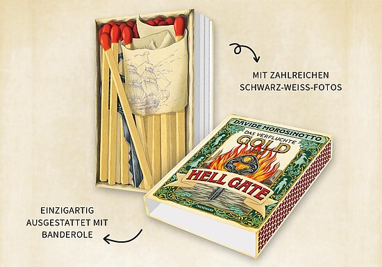 Das Buchcover zeigt eine geöffnete Streichholzschachtel mit roten Köpfen und eine dekorative Vorderseite in Grün, Gold und Flammen.