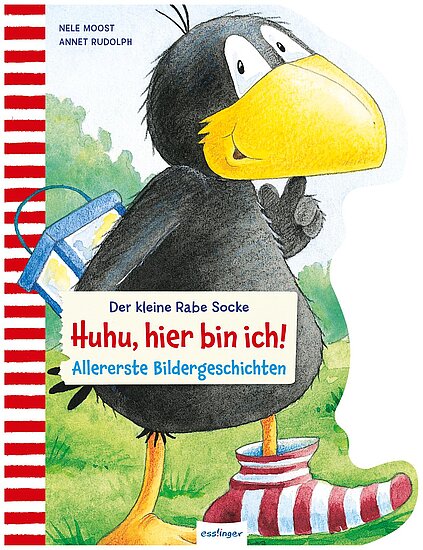 Das Buchcover zeigt einen fröhlichen, großen Raben mit gelbem Schnabel, der in bunten, gestreiften Socken steht und eine blaue Tasche hält. Der Hintergrund ist hell mit grünen Wiesen und einem blauen Himmel.
