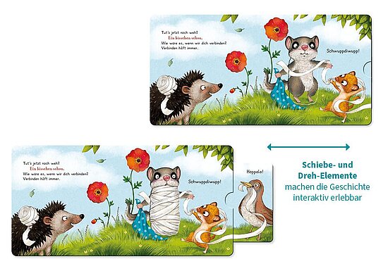Das Buchcover zeigt Igel, ein in Verband gewickeltes graues Tier, eine orange Maus und einen Vogel vor grünem Gras, blauem Himmel und roten Blumen.