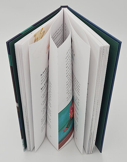 Das Buchcover zeigt ein geöffnetes Kinderbuch mit auffaltenden weißen Seiten, innen eine türkisfarbene Illustration und rote Details.
