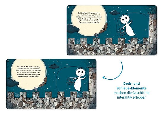 Das Buchcover zeigt ein freundliches weißes Gespenst vor einem großen blassen Mond, eine graue Steinmauer und einen dunklen blaugrünen Sternenhimmel.