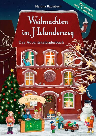 Das Buchcover zeigt ein weihnachtliches Dorf mit einem roten Haus, umgeben von Schnee. Kinder spielen und ein Weihnachtsbaum steht links.