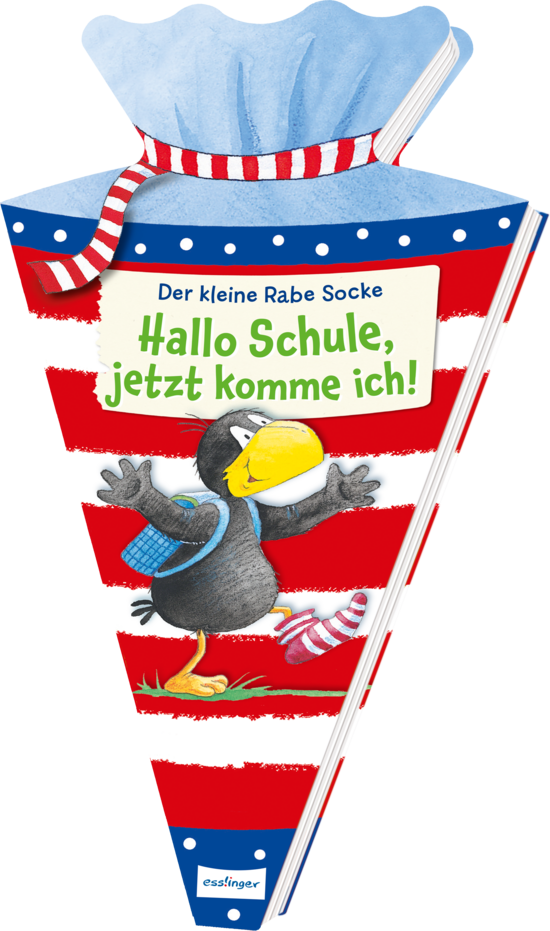 Das Buchcover zeigt den kleinen Raben Socke mit einem blauen Rucksack, der freudig auf einem rot-gestreiften Hintergrund steht, umgeben von einer bunten Schultüte.
