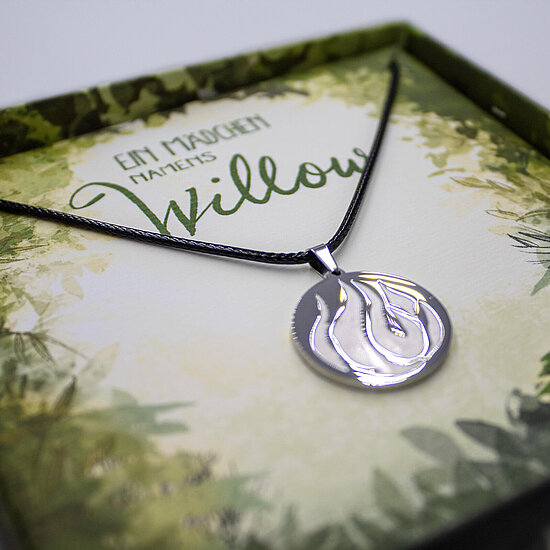 Das Buchcover zeigt eine cremegrüne, blattumrankte Fläche mit grünem Schriftzug „Willow“ und eine silberne Rundmedaille an schwarzem Band.