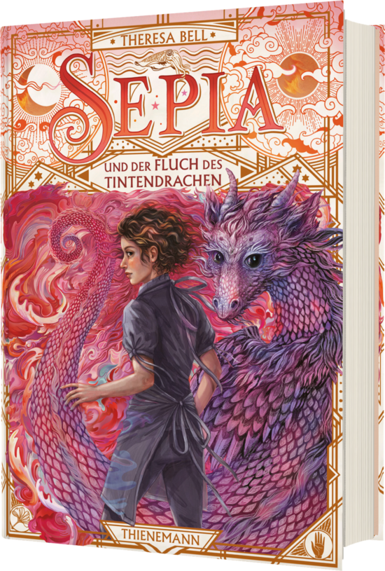 Das Buchcover zeigt eine junge Frau mit lockigem, braunem Haar in einem grauen Outfit, die sich einem pink-lila Drachen nähert. Im Hintergrund sind farbenfrohe, spiralförmige Muster zu sehen.