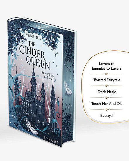 Das Buchcover zeigt ein düster blaugrünes Schloss mit spitzen Türmen, rankenden Zweigen, rosafarbigem Himmel und einem silbernen Glasschuh.