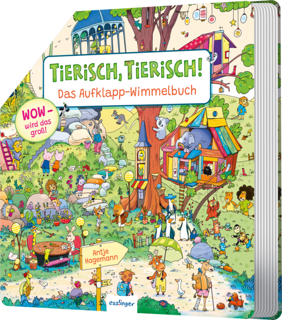 Das Buchcover zeigt eine bunte Wimmelbildszene mit verschiedenen Tieren und Menschen, die in einem lebhaften Park mit einem großen Baum und einem Spielplatz aktiv sind. Fröhliche Farben wie Grün, Blau und Rot dominieren die Darstellung, die eine einladende Atmosphäre schafft.