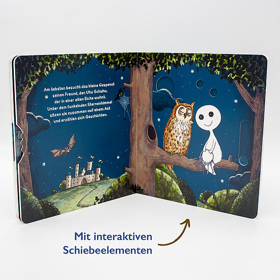 Das Buchcover zeigt ein freundliches weißes Gespenst und eine braune Eule, die nachts auf einem Baumast vor blauem Sternenhimmel sitzen.